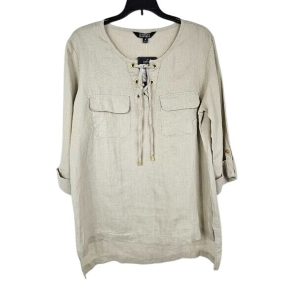 Ellen Tracy Linen High Low Tunic M Beige Lace-Up Relaxed Beachy Coastal Grandma - Picture 1 of 9